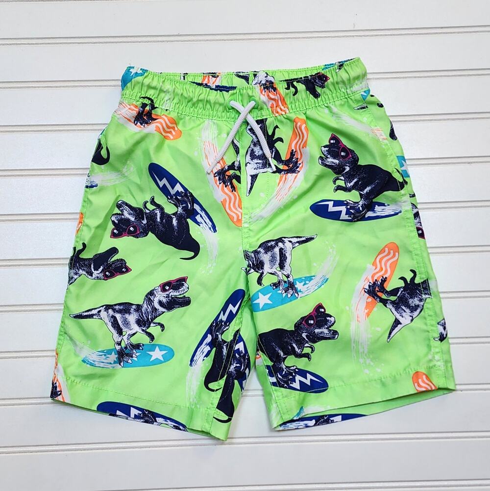 Lands End Boys Dinosuar Printed Lined Swim Trunks Size M (8) Green